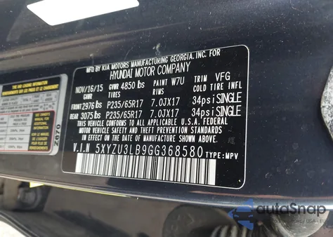 2016 Hyundai Santa Fe Sport 2.4L из США, поврежденный, VIN 5XYZU3LB9GG368580